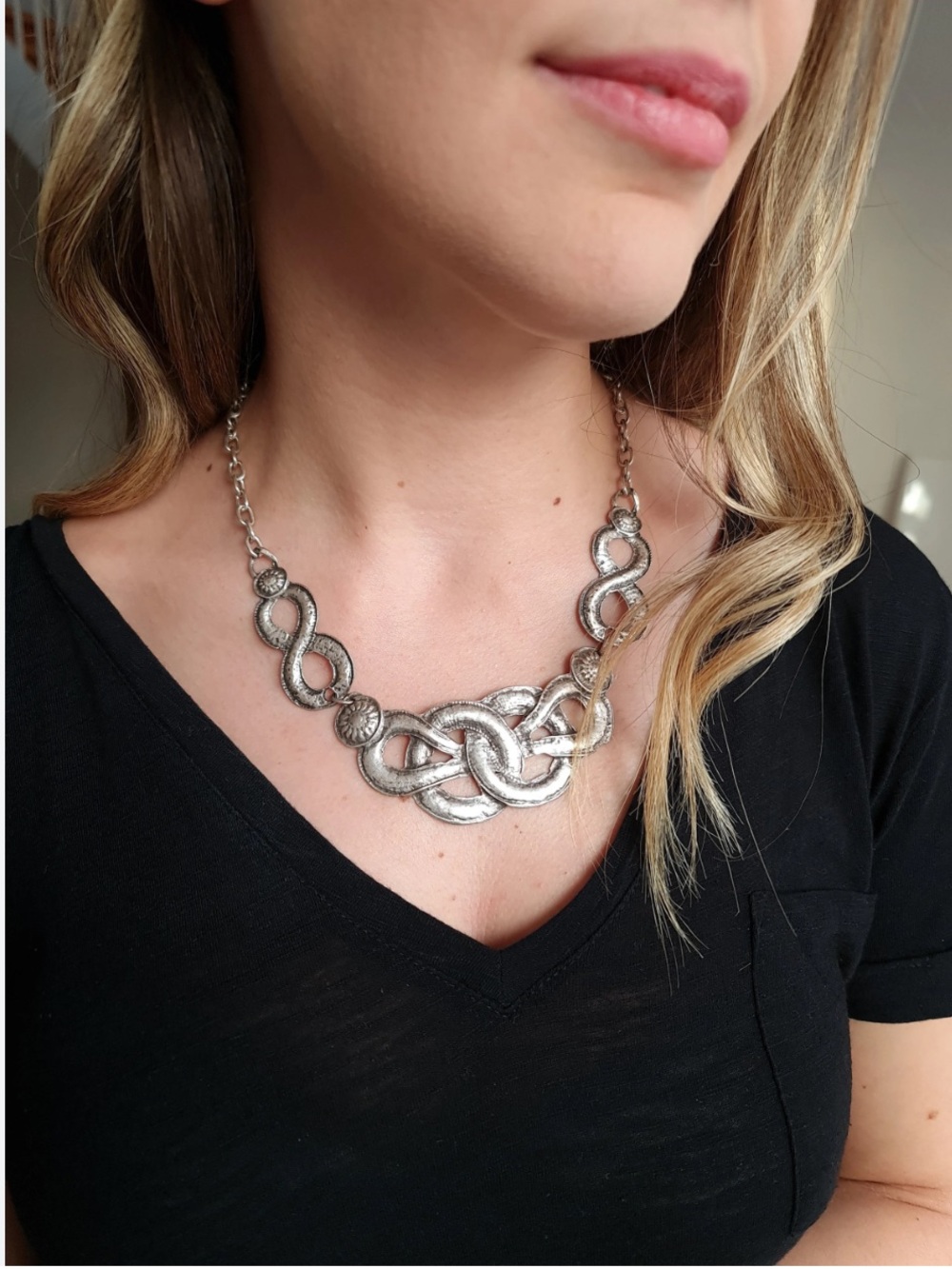 Antique Silver Linked Knot Statement Collar Necklace